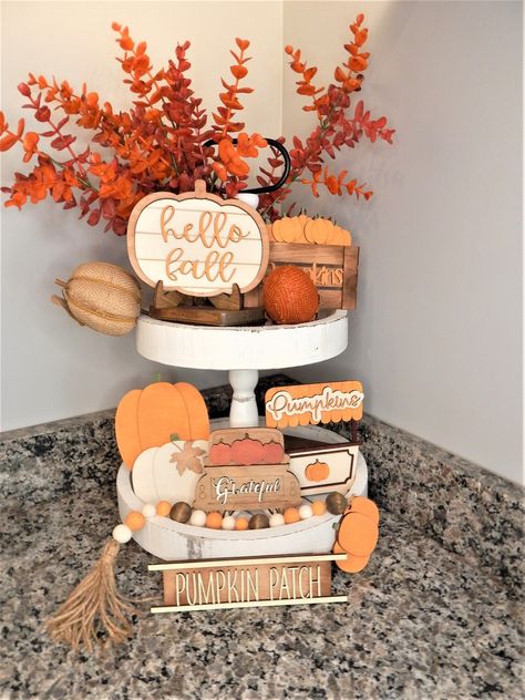 Pumpkin Tiered Tray Decor, Fall Decor For Tiered Tray, Fall 3 Tiered Tray Decor Ideas, 3 Tier Fall Stand Decor, Entertainment Center Fall Decor Ideas, Fall 2 Tiered Tray Decor, Fall Corner Decor, Autumn Home Decor Diy, Fall Indoor Decor Ideas