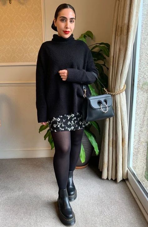 Ditsy Floral Skirt, Wooly Jumper, Thick Tights, Cosy Outfit, Fluffy Jacket, Black Jumper, Chunky Cardigan, Tights Outfit, Big Fashion