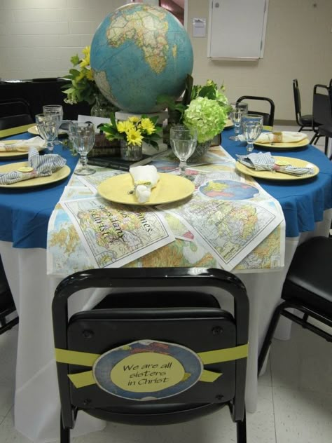 WFBC festival of tables 2012- we are all sisters in Christ. Tablescape. Globe. Women's Missions. Festival Of Tables Ideas, International Party Theme, Conference Decorations, Festival Of Tables, Travel Theme Party, Missions Conference, Bon Voyage Party, International Party, Travel Party Theme