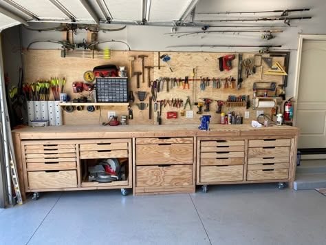 Workbench with rollout tool chests - Summa Home Services Garage Woodshop, Garage Workshop Layout, Garage Workbench Plans, Garage Storage Inspiration, Workbench Designs, Tool Chests, Garage Workshop Organization, Workshop Layout, Workbench Plans Diy