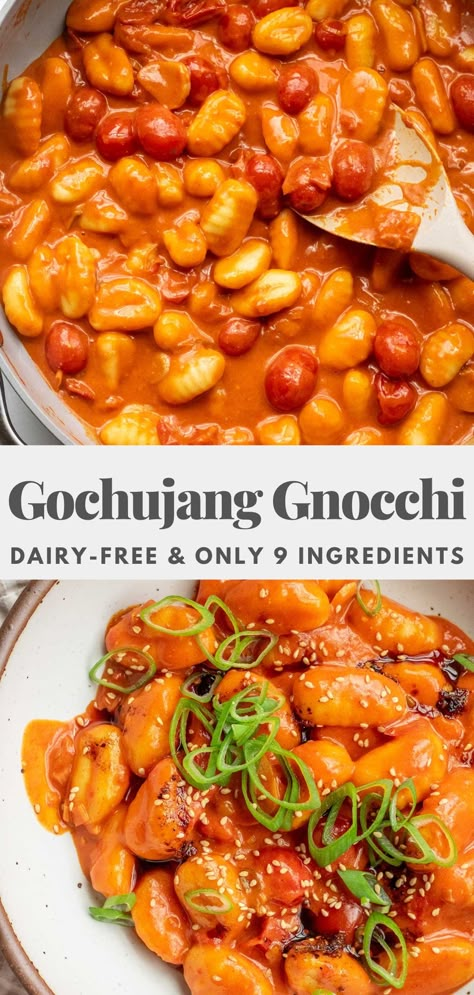 This gochujang gnocchi only requires 9 ingredients and comes together in less than 30 minutes. Easy to make, budget-friendly and the perfect weeknight dinner. Gochujang Gnocchi, Tofu Gnocchi, Gochujang Recipe, 2024 Meals, Homemade Tofu, Food Magic, Grocery Planning, Fusion Dishes, 2024 Recipes