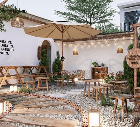 Courtyard Cafe Design, Coffee Outdoor Design, Backyard Cafe Ideas, Outdoor Cafe Aesthetic, Cafe Shop Design Ideas, Outdoor Cafe Design Ideas, Outdoor Restaurant Ideas, Coffee Shop House, Shop Design Ideas