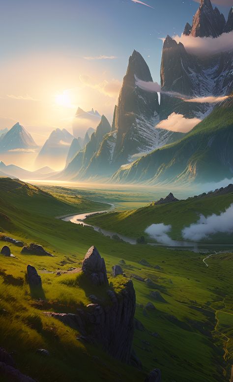 Grasslands and Mountians Fantasy Grasslands, Nanowrimo 2023, Dnd Locations, Fantasy Environment, Fantasy Fields, Fantasy Scenery, Environment Reference, Romanesque Architecture, Green Moon