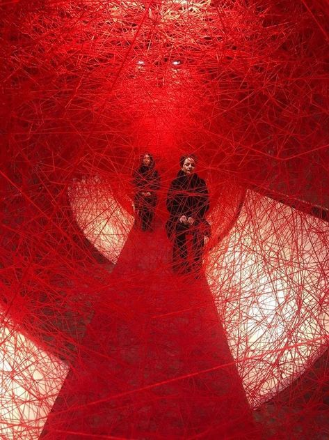 Chiharu Shiota, Sculpture Installation, Red Aesthetic, Two People, Art Plastique, Eiffel Tower Inside, Labyrinth, Shades Of Red, Performance Art