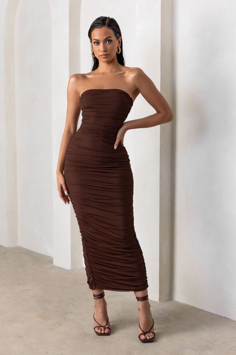 Brown Strapless Bodycon Dress, Latest Maxi Dresses, Midi Bridesmaid Dress, Mesh Maxi Dress, Red Mini Dress, Brown Dress, Ruched Dress, Split Hem, Modest Outfits