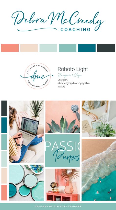 Aqua, Teal, & Coral Branding for Wellbeing and Mindset Coach Life Coach Color Palette, Teal Branding Board, Personal Branding Color Palette, Feminine Branding Logo Color Palettes, Branding Design Inspiration Mood Boards, Coral Branding, Website Color Palette Branding, Inspiring Branding, Coaching Branding