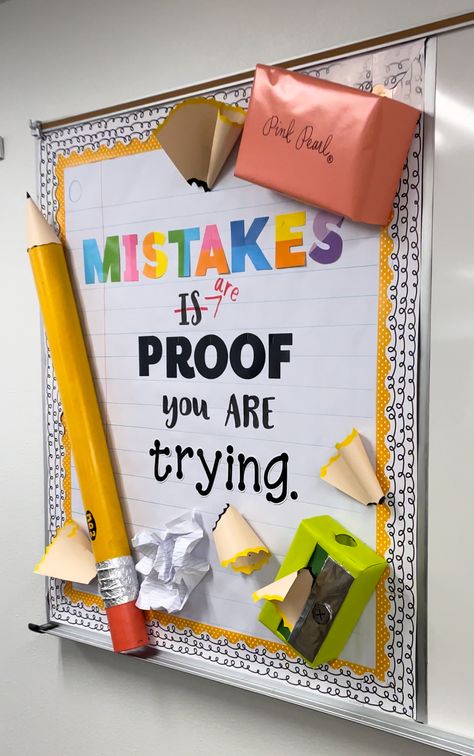 Classroom Billboard Ideas, Class Ideas Decoration, Up Themed Classroom Door, Notebook Paper Bulletin Board, Mistakes Are Proof That You Are Trying Bulletin Board, Bulletin Board Special Education, Teacher Classroom Decor Ideas, Work Bulletin Boards Offices, English Teacher Classroom Ideas