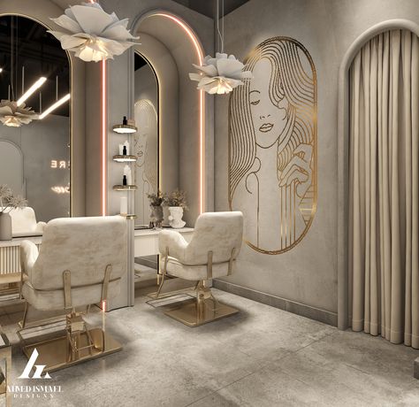 𝐋𝐔𝐗𝐔𝐑𝐘 𝐁𝐄𝐀𝐔𝐓𝐘 𝐒𝐀𝐋𝐎𝐍 :: Behance Indian Beauty Parlour Interior Design, Best Salon Interior Design, Salon Chairs Ideas, Aesthetic Salon Interior Design, Boho Salon Ideas, Aesthetic Hair Salon, Luxury Salon Interior Design, Beauty Salon Interior Luxury, Behance Interior