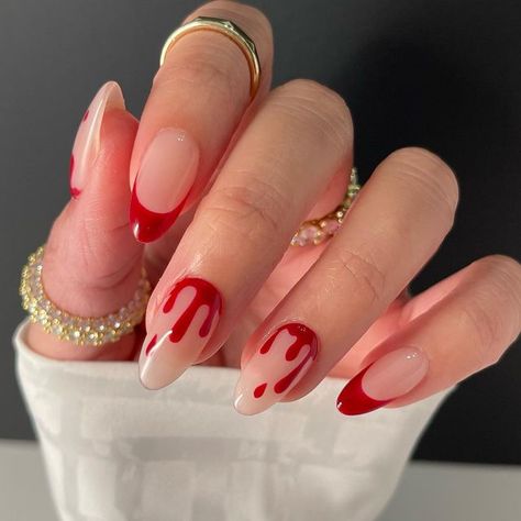 Blood Nails, Witchy Nails, Halloween Acrylic Nails, Grunge Nails, Pretty Gel Nails, White Nail, Halloween Nail Designs, Halloween Nail, Fire Nails