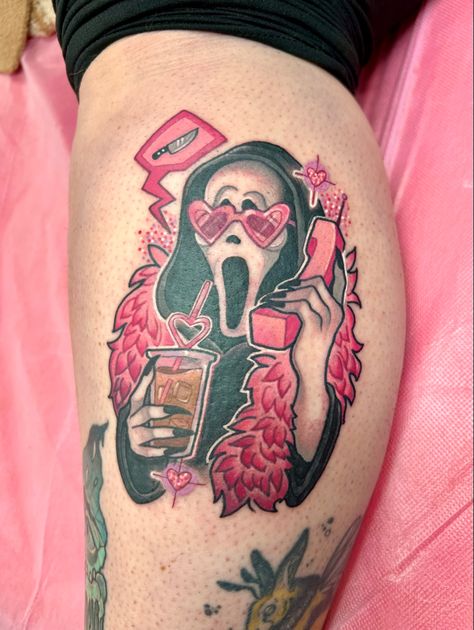 Pink “ghost face” killer from scream movie. Scream movie tattoo. Pink ghost face. Pink scary movie art. No You Hang Up Scream Tattoo, Pink Ghostface Tattoo, Pink Ghost Tattoo, Girly Ghostface Tattoo, Scream Movie Tattoo, Scream Mask Tattoo, Ghost Face Tattoos, Cursed Tattoo, Scary Movie Art