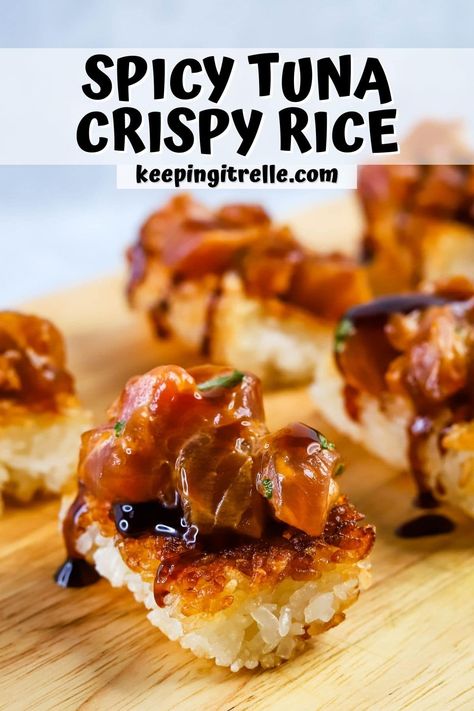 Ahi Tuna Crispy Rice, Tuna Cubes Recipe, Sushi Fried Rice, Tuna Sushi Bites, Fried Rice Sushi Bites, Fried Sushi Rice Squares, Poke Appetizer Bites, Crispy Rice Bites, Fried Sushi Rice