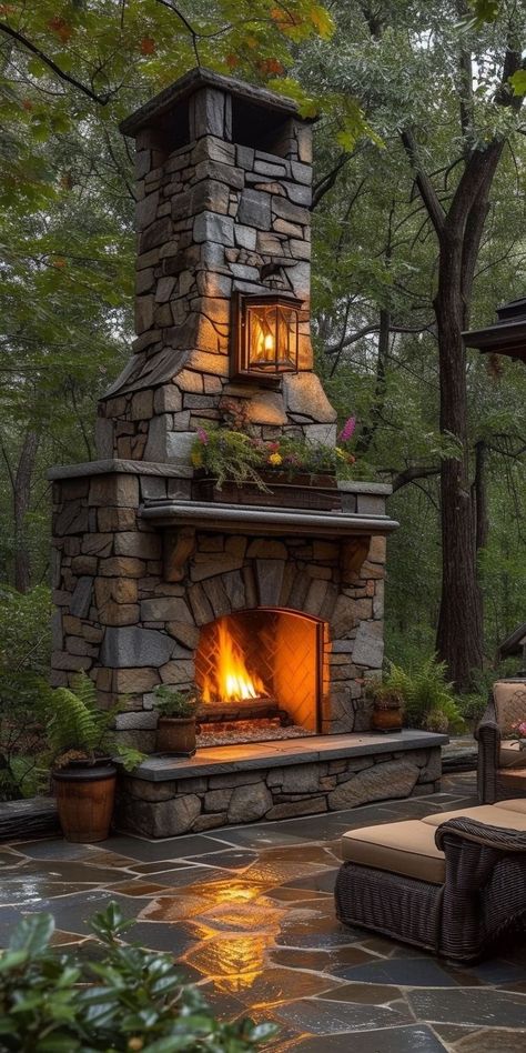 Outdoor Fireplace Ideas Backyards, Terrace Fireplace, Outdoor Fireplace Ideas, Patio Vibes, Rustic Outdoor Fireplaces, Unique Landscaping, Outdoor Stone Fireplaces, Outdoor Wood Burning Fireplace, Outside Fireplace