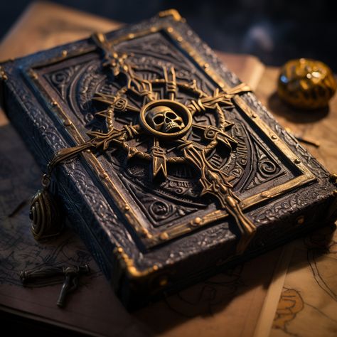 Created by Vellectrum using Midjourney. Dark Magic Book, Magic Relic Concept Art, Wizard Spellbook Fantasy Art, Old Magic Book, Ancient Magic Book, Potion Witch, Steampunk Background, Fantasy Dagger, Ancient Tome Book