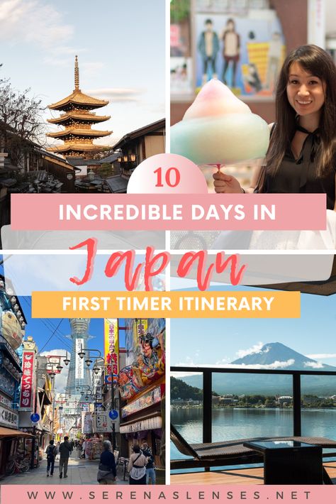 Pinterest Pin: 10 incredible days in Japan - a first timer itinerary including 4 photos of japan: top left is a photo of the Yasaka Pagoda in Kyoto; top right is a girl holding a giant cotton candy in Harajuku in Tokyo; bottom left is a photo of Osaka; bottom right is a photo of a hotel with view of Mt. Fuji in Japan. 9 Days In Japan, Itenerary Travel Japan, Travelling In Japan, 10 Days In Japan Itinerary, Japan Travel Itinerary 10 Days, Must See In Japan, 10 Day Japan Itinerary, Japan 10 Day Itinerary, Japan Itenary