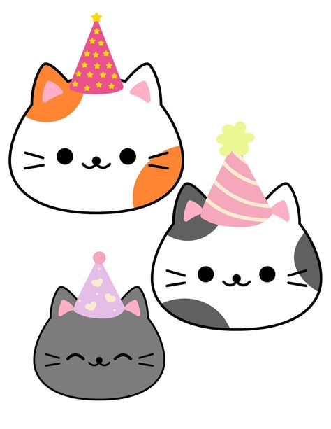 Cat themed part? Look no further! These adorable cat in hat print outs will be sure to be the icing on the cake for the cat lover in your life. This file includes cats in hats on their own or cats in hats with backgrounds which are far easier to cut out. The backgrounds include Blue, Red, Orange, Green, Pink, Yellow and Purple so you can choose which background or lack there of suites your party best. For the best results insure that your printer is set to highest quality print and ensure that y Cat Party Decor, Cat With A Hat, Cat Party Decorations, Kitty Party, Kitten Birthday Party, Kitten Birthday, Cat Printable, Walpaper Hello Kitty, Halloween Craft Projects