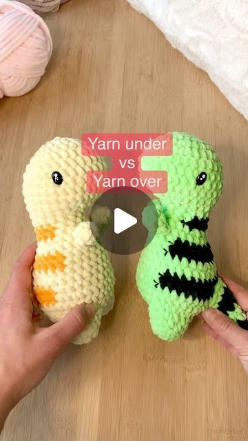 Justine - crocheter on Instagram: "Follow me for more crochet tips and tricks 🥰 ❓How do you do your single crochet? Yarn over or yarn under? Actually, what I’m showing here is called yarn under-over. There’s also a third way of doing where your yarn stays under your hook, you pull through, and then yarn under again. Here I’m going under the hook first, then over -> yarn under-over. Most commun way to do is the yarn over technique. But with the yarn under, you get a tighter stitch which is always appreciated for amigurumis as it helps keeping the fiber filling in 🙌 This was my first creation with the yarn under-over technique✌️ I’m much slower as it is new to me, I learned crochet with the usual yarn over. So I was a bit frustrated of being slow… 😅 I definitely like the way it looks, I How To Yarn Under Crochet, Yarn Over Vs Yarn Under Crochet Amigurumi, Yarn Over Vs Yarn Under Crochet, Crochet Tips And Tricks, Crochet Dinosaur, First Then, Crochet Tips, The Hook, Pull Through