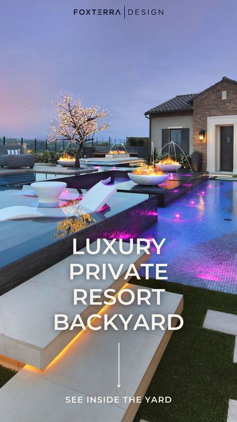 Luxury backyard paradise inspiration! This $700k luxury backyard in California has every luxury backyard feature you can imagine. This modern luxury resort backyard oasis turned out stunning! Ready to transform your backyard? Book a consultation today! backyard paradise, modern luxury pool design, luxury pool landscape design, luxury home backyard, dream backyard oasis, luxury resort style backyard, how to make your backyard feel like a resort, dream backyard landscape design, luxury home Dream Backyard Luxury, Modern Backyard Garden, Hillside Resort, Resort Backyard, Resort Style Backyard, Aqua Garden, Modern Backyard Design, Luxury Pools Backyard, Backyard Resort