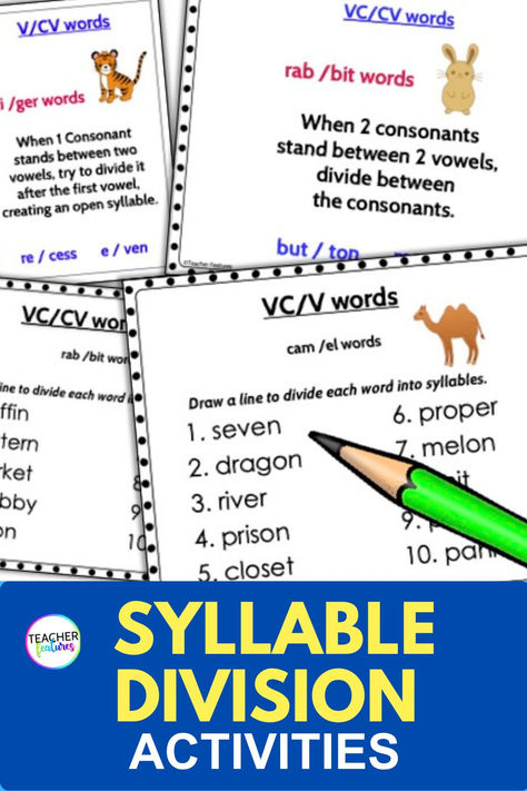 Engage 1st & 2nd graders in mastering syllable division with fun games and activities! This 175-page bundle follows Science of Reading, RTI, and Orton Gillingham principles, teaching VC/CV, V/CV, and VC/V syllable division rules. Perfect for classroom or home learning. Multisyllabic Word Activities Free, Multisyllabic Word Activities, Syllable Types Activities, Multisyllabic Words Activities, Syllable Activities, Syllable Games, Decoding Multisyllabic Words, Syllable Division, Syllables Activities