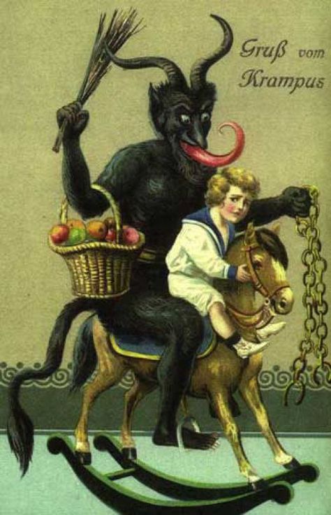 The Krampus, a myth that started a long time ago, is basically Santa Claus's evil twin brother. Where Santa would bring toys and gifts to the nice children, Krampus punished the bad children in lots of unpleasant ways. Krampus Card, Vintage Bizarre, Wild Goat, Poster Grafico, Creepy Vintage, Postal Vintage, Creepy Christmas, St Nicholas, Christmas Postcard