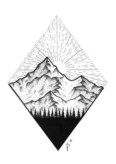 Moutain Tattoos, Scene Tattoo, Stunning Tattoos, Pumpkin Tattoo, Bestie Tattoo, Mountain Sunrise, Geometric Nature, Drawing Styles, Mountain Drawing