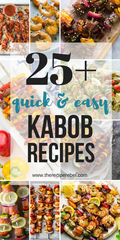 All kinds of kabob recipes for summer grilling! Chicken kabobs, shrimp kabobs, steak kabobs, and dessert kabobs! Because food on a stick is more fun ;) #kabob #kebab #skewer #grill #grilling #summer #recipe #dinner Easy Kabobs, Kebabs Skewers, Dessert Kabobs, Kabob Marinade, Grilled Kabob Recipes, Chicken Kabob Recipes, Grilling Chicken, Food On A Stick, Shrimp Kabobs