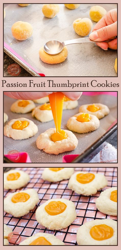 Thumbprint cookies Passion Fruit Cookies, Passionfruit Cookies, Curd Desserts, Passion Fruit Dessert, Passion Fruit Recipes, Tropical Cookies, Desserts Board, Curd Recipes, Fruit Curd