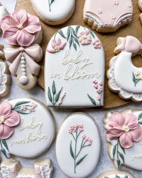 Baby In Bloom Treats, Baby In Bloom Decorated Cookies, Flower Baby Shower Cookies, Baby In Bloom Sugar Cookies, Baby In Bloom Dessert Table, Floral Baby Shower Cookies, Mouse A Cookie, Baby In Bloom, Baking Business