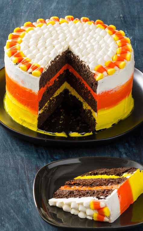 Candy Corn Cake: This bewitching dessert will convert candy corn skeptics, and become everyone’s Halloween favorite with layers of extra chocolaty devil’s food cake and a marshmallow crème frosting. Candy Corn Cake, Corn Cake, Country Magazine, America's Test Kitchen Recipes, Dark Chocolate Cakes, Fall Cakes, America's Test Kitchen, Fall Food, Fool Proof Recipes