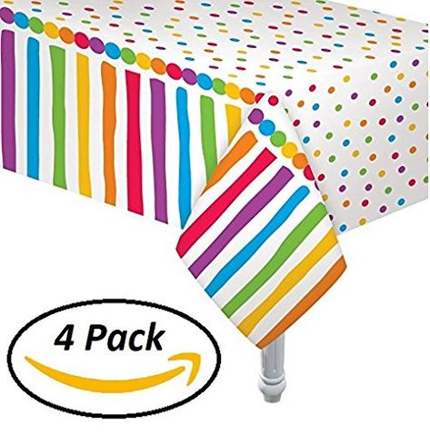 Oojami 4 Pack Polka Dot Plastic Tablecloth, 108 x 54, with White dots by (Rainbow) Rainbow Party Games, Rainbow Unicorn Birthday Party, Rainbow Candle, Rainbow Theme Party, Table Cloth Decorations, Rainbow Parties, Rainbow Polka Dots, Rainbow Unicorn Birthday, Polka Dot Party