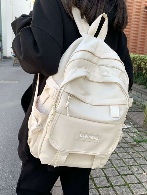 Free Returns ✓ Free Shipping✓. Letter Patch Pocket Front Functional Backpack- Women Functional Backpacks at SHEIN. White Backpack Aesthetic, Off White Backpack, Beige Backpacks, Cute School Bags, Stylish School Bags, Aesthetic Backpack, Functional Backpack, White Backpack, Aesthetic Bags