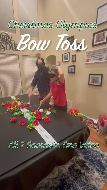 Never_Done_DIY on Instagram: "We were blown away by your amazing feedback on our viral Christmas Olympics video! So many of you asked for a supply list and  how to play... and guess what? We’ve put it all together in one new video just for you! Type ‘play games’ in the comments and we’ll send you the supply list. 

How to play: 
Bow Toss: Whoever gets the most bows in their bowl in wins. 

Fill the Cup: Blow up a balloon and use it to move a plastic cup without using your hands. The person who finishes in the shortest amount of time wins.

Reindeer Toss: Whoever gets the most rings on the antler ears within the allotted time wins. 

Christmas Balls: The person who knocks all of the puffs off their cup in the shortest amount of time wins.

Reindeer Hooves: Whoever gets the most marshmallows Christmas Ring Toss Game Diy, Diy Christmas Party Ideas, Family Winter Olympic Games, Holiday Game Ideas For Family, Holiday Relay Games, Christmas Reindeer Games For Family, Holiday Games Family Party Ideas, Christmas Games For A Party, Games For Family Christmas Party