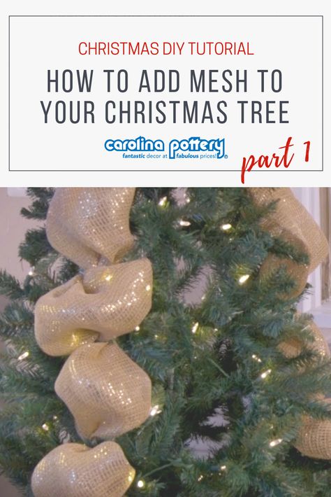 In this DIY video, we show you one method of how to use deco mesh ribbon to decorate your Christmas tree! There are several ways to use mesh in your tree (look for our other videos to see more!), but in this video we show you how to add your deco mesh in straight, poofy lines down your tree. You can choose any color or combination of colors to match any theme you are planning! As always, you can get deco mesh and other decorating supplies at your local Carolina Pottery store! Christmas Tree Ribbon Topper, Diy Christmas Tree Ribbon, Christmas Tree Mesh Ribbon, Christmas Tree With Mesh, Mesh Christmas Tree, Mesh Garland, Tree Ribbon, Christmas Tree Decorating Themes, Deco Mesh Ribbon