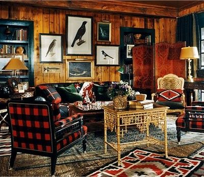 When in doubt, just cover everything in plaid. Ski Lodge Interior, Lodge Interiors, Calm Interior, Lodge Living Room, Ralph Lauren Interiors, Camp Decor, Outdoor Sitting, Lodge Look, Genius Loci