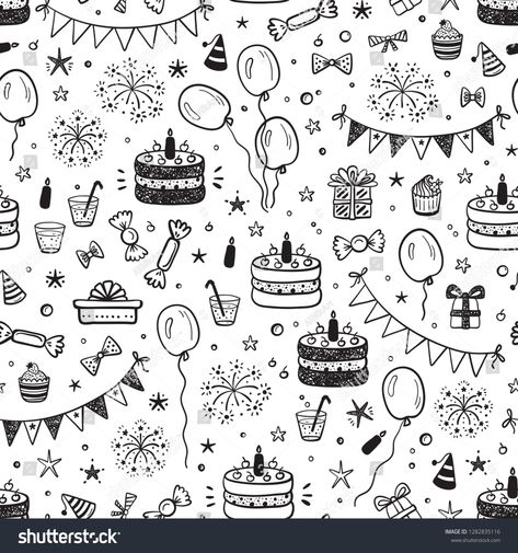 Birthday Party Seamless Pattern with Hand Drawn Doodle Birthday Cake, Sweets, Bunting Flag, Balloons, Gift Box and other Party Supplies. Celebratory background. Holiday Wallpaper. #Ad , #ad, #Doodle#Drawn#Sweets#Cake Birthday Cake Background Wallpapers, Faux Calligraphy Alphabet, Happy Birthday Pattern, Halloween Costume Awards, Birthday Doodles, Happy Birthday Doodles, Banner Doodle, Balloons Gift, Birthday Pattern