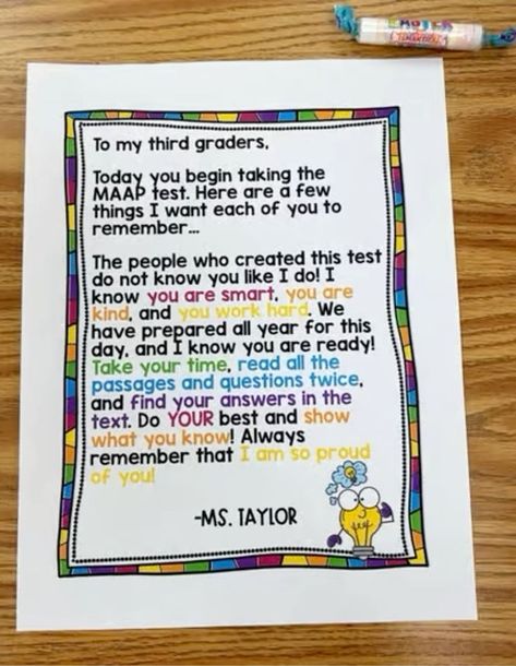 State Testing Letter Letter To Students From Teacher, Student Testing Motivation, State Testing Motivation, Testing Treats For Students, Staar Test Motivation, Motivational Desk, State Testing Encouragement, Testing Encouragement, Encouragement Printables