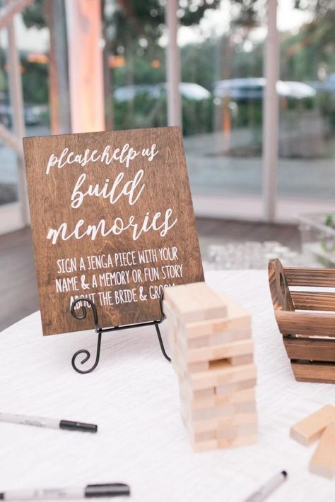 How to Make a Jenga Guest Book for Your Wedding | Emmaline Bride® Mechanic Party, Jenga Wedding, How To Dress For A Wedding, Reunion Ideas, Wooden Wedding Signs, Rustic Wedding Signs, Ceremony Signs, Wedding Vision, Fantasy Wedding