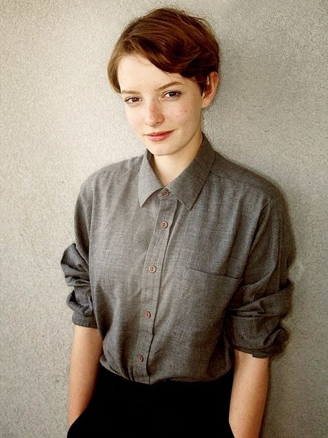 Dakota Blue Richards, Short Hair, Button Up, Black And White, Grey, Wall, Hair, Pants, Blue