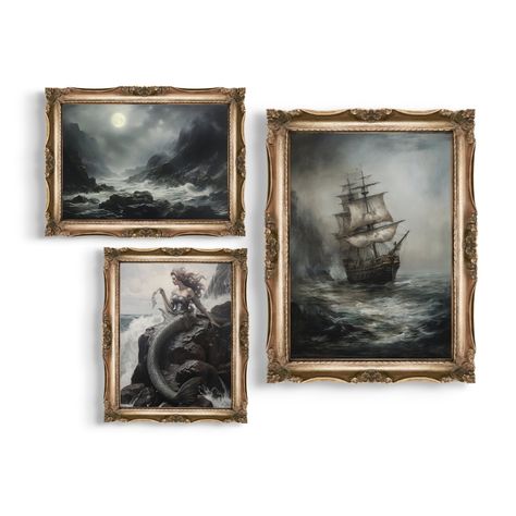 DIGITAL DOWNLOAD - Fresh up your space with this moody 3 piece gallery wall set, showcasing the essence of dark academia in vintage oil painting aesthetics. Moody sea decor meets vintage elegance as you explore stormy sea ships, ethereal mermaids on rocky coasts, and moonlit sea vistas. Perfectly curated for a gallery wall, these dark oil paintings exude the allure of nautical wall art. Immerse yourself in the mysteries of the sea with this triptych wall art collection, ideal for enthusiasts of dark academia decor. You can buy 2 of the prints from the set individually here: ▶ Stormy Sea Ship -> https://www.etsy.com/listing/1468796171/stormy-sea-ship-coastal-ocean-aesthetic ▶ Mermaid -> https://www.etsy.com/listing/1537181250/mermaid-dark-academia-decor-vintage ▶ The third one is available Vintage Ocean Photography, Gothic Nautical Decor, Coastal Speakeasy, Deep Ocean Decor, Moody Ocean Bathroom, Ocean Gallery Wall, Dark Nautical Bedroom, Moody Beach Decor, Moody Nautical Bedroom