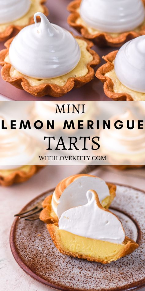 This recipe is for bite-sized Mini Lemon Meringue Tarts that are made from a buttery pastry shell filled with tangy lemon curd and covered with the best torched meringue topping you’ll ever try! Mini High Tea Ideas, Mini Tea Desserts, Individual Lemon Meringue Tarts, Meringue For Lemon Pie, Mini Lemon Cream Pies, Lemon Meringue Tarts Mini, Individual Lemon Meringue Pie, Best Lemon Tart Recipe, Mini Lemon Tart Recipe