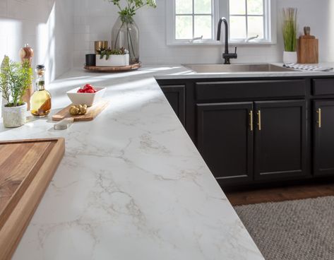 VT Industries Inc. White Laminate Countertops, Dark Lower Cabinets, White Kitchen Countertops, Laminate Countertop, Kitchen Countertops Laminate, Marble Countertops Kitchen, Laminate Worktop, Countertop Options, Laminate Kitchen