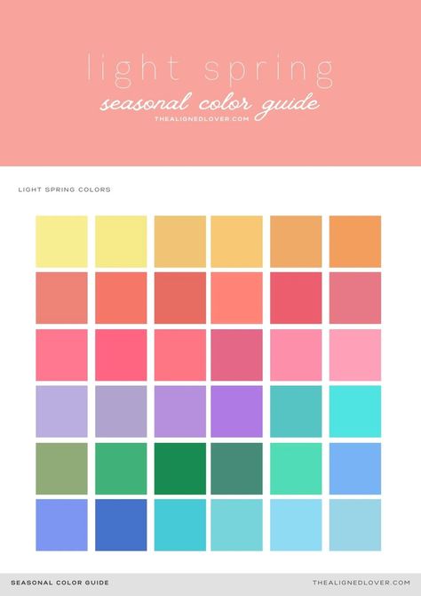 Guide to the Light Spring Seasonal Color Palette | The Aligned Lover Spring Pallet Ideas, Spring Seasonal Color Palette, Spring Skin Tone, Light Spring Palette, Light Spring Color Palette, Light Summer Color Palette, Seasonal Color Palette, Spring Skin, Colored Shadow