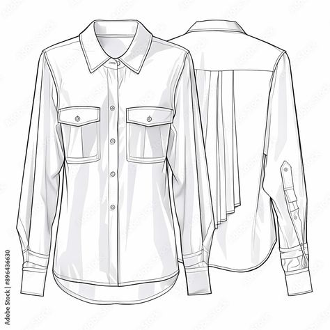 Illustration fashion style,2d black and white fashion technical drawing of a women's dress shirt with two pockets on the front, technical drawing Stock Illustration | Adobe Stock Women Shirt Technical Drawing, How To Draw A Shirt Female Step By Step, How To Draw A Shirt Female, Dress Shirt Drawing, Shirt Technical Drawing, Technical Fashion Drawing, 2d Black And White, Technical Drawing Fashion, Fashion Technical Drawing