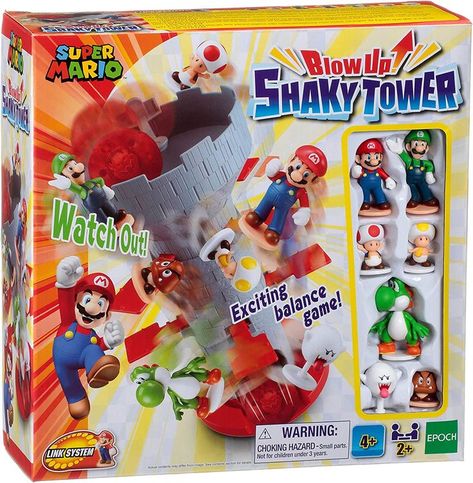 Super Mario Tabletop Blow Up! Shaky Tower Balancing Game, Multiplayer Family Game Game includes easy-to-assemble Shaky Tower, 7 unique Super Mario Action Figures including Mario, Luigi, Yoshi, Toad, Yellow Toad, Goomba and Boo and game die. Roll the die to determine how many ﬁgures each player must place on or take off the Tower. Take turns, and be careful not to make the Tower shake, or Mario and his friends will fall! Mario Action Figures, Super Mario Games, Super Mario And Luigi, Die Games, Tower Games, Mario Games, Family Board Games, Mario Bros., Mario And Luigi