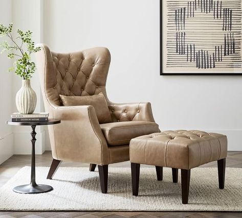 leather chair | Pottery Barn Leather Tufted Ottoman, Leather Wingback Chair, Metal Cocktail Table, Leather Wingback, Wingback Armchair, Tufted Ottoman, Leather Ottoman, Kiln Dried Wood, Leather Armchair