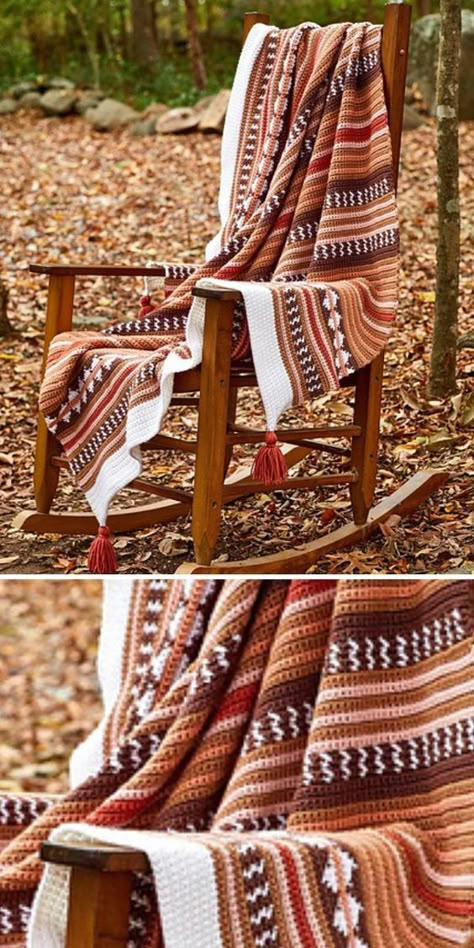 Santa Fe Crochet Blanket, Pumpkin Spice Crochet Blanket, Brown Crochet Blanket Color Combinations, Winter Blanket Crochet, Southwest Crochet Patterns Free, Crochet Autumn Blanket, Boho Crochet Blanket Patterns Free, Crochet Tapestry Blanket, Fall Blanket Crochet