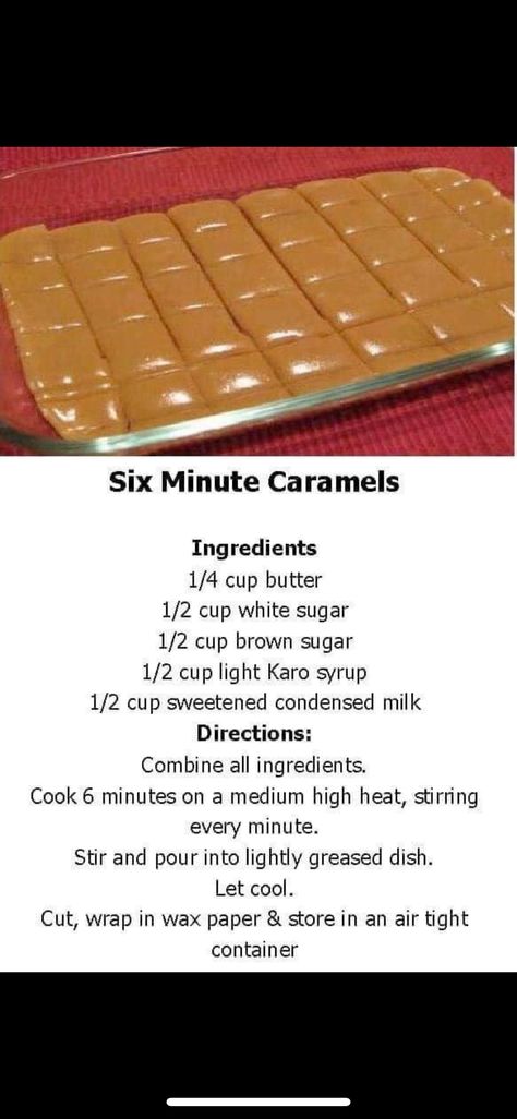 Six Minute Caramels, Caramel Ingredients, Candy Treats, Candy Recipes Homemade, Christmas Candy Recipes, Caramel Candy, Caramel Recipes, Homemade Caramel, Homemade Candies