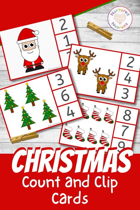 These cute Christmas themed count and clip cards are a simple way to develop those early counting skills. But not only do they get to practice counting and number recognition, the squeezing of clothespins are also a wonderful way to develop their fine motor skills as well! Grab the Christmas math activity over at Nurtured Neurons today! #christmas #christmasmath #clipcards #christmasprintables #earlymath #preschoolmath #kindergartenmath #counting #finemotor Christmas Math For Toddlers, Christmas Counting Preschool, Count And Clip Cards Free, Christmas Math Activities Preschool, Christmas Counting Activities, Math Christmas Activities, Christmas Fine Motor Activities, Christmas Math Games, Tk Ideas