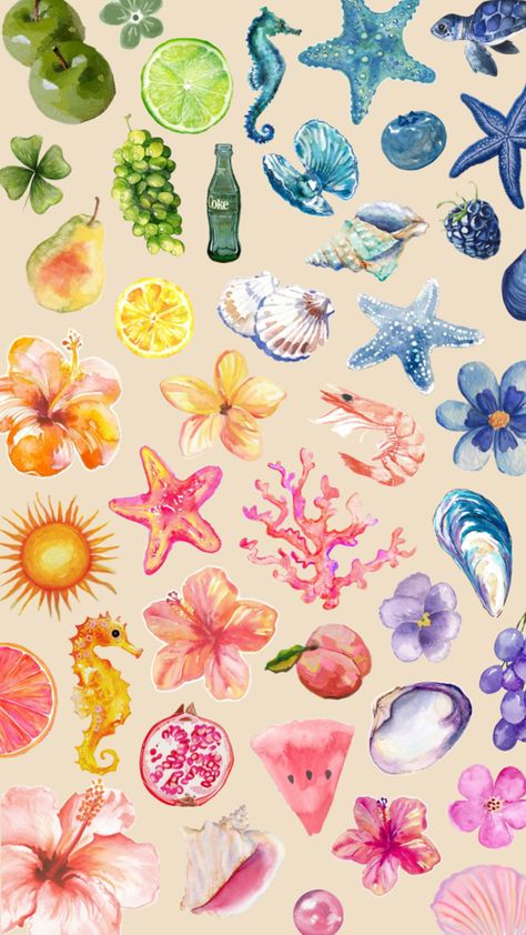 watercolour summer collage Nail Art Summer Beach, Beachy Wallpapers, Summer Collage, Cute Home Screen Wallpaper, Cute Home Screens, Cute Summer Wallpapers, Wallpaper Iphone Summer, Summer Painting, Diy Wallpaper