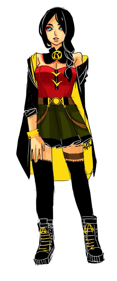 Cute Fashionable Reinterpretations of Comic Book Characters! Genderbent Batfamily, Fem Damian Wayne, Robin Costume Women, Helena Wayne, Female Robin, Robin Cosplay, Robin Dc, Superhero Villains, I Am Batman