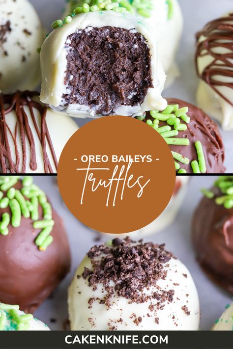 Oreo Bailey’s Truffles are creamy, rich, and a little bit boozy! The festive balls are ideal for your St. Patrick’s Day celebrations. You can easily make them ahead of time and they are make fabulous gifts too! | cakenknife.com Baileys Balls Recipe, Hot Chocolate Espresso, Bailey Truffles, Irish Cream Recipe, Baileys Recipes, Christmas Truffles, Truffles Recipe, Oreo Recipes, Homemade Sweets